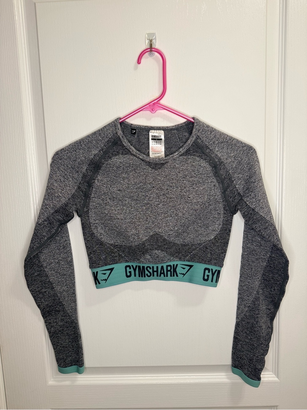 Gymshark Women's Seamless Long Sleeve Crop Top in Heather Gray with Teal Band